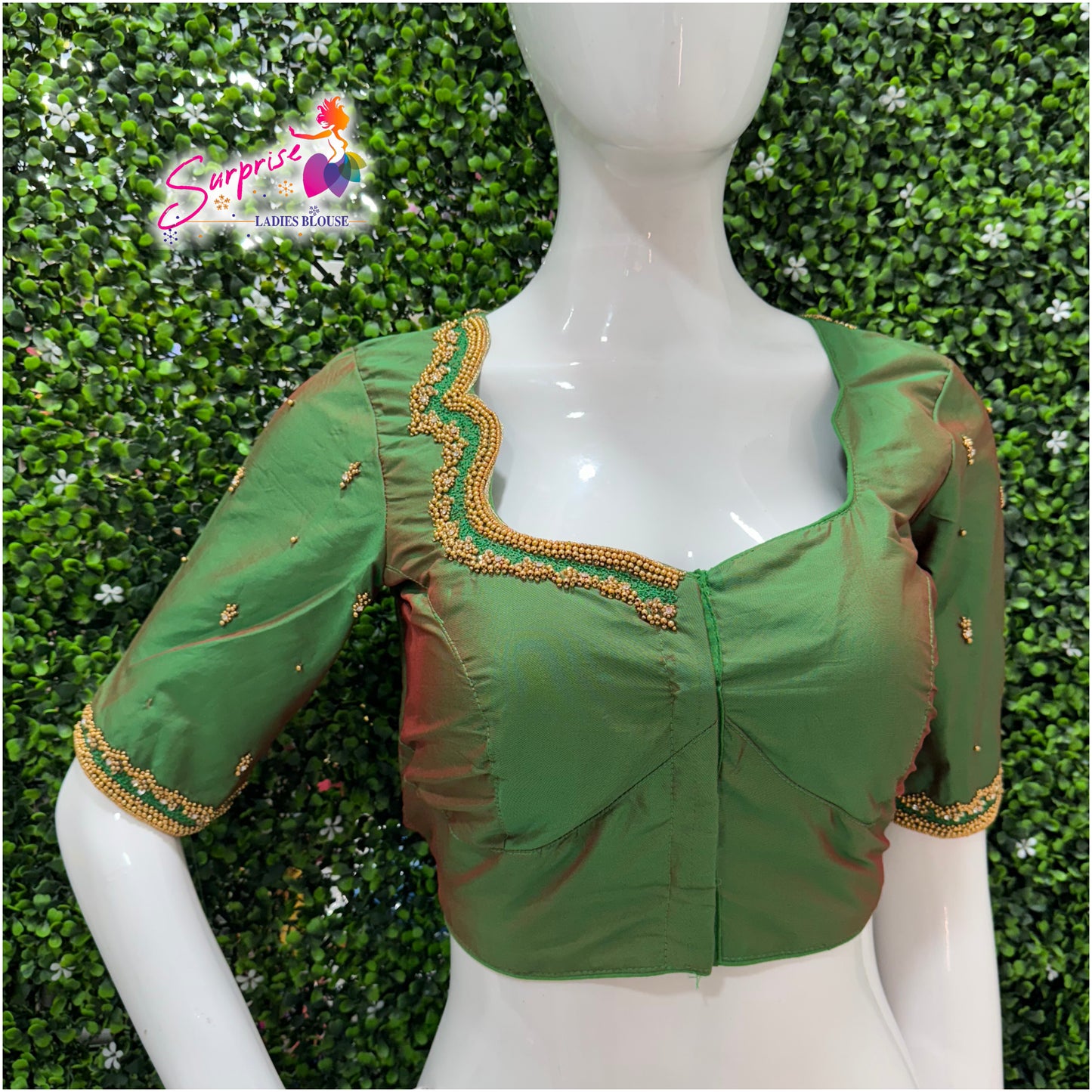 Designer handwork Ari work blouse Green color