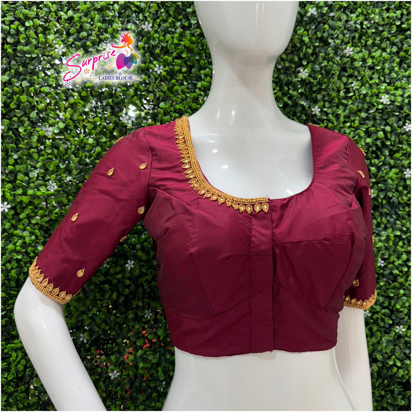Designer handwork Ari work blouse maroon color