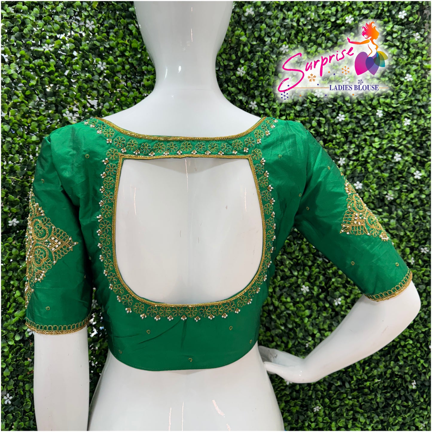 Designer handwork Ari work blouse Green color