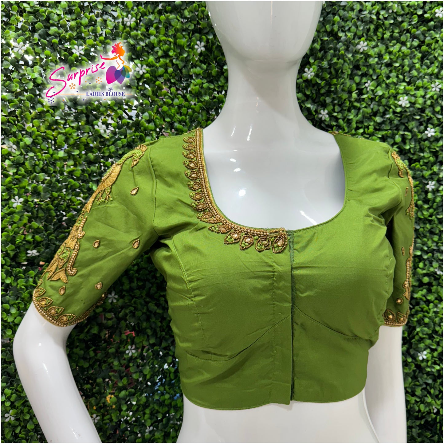Designer handwork Ari work blouse Green color