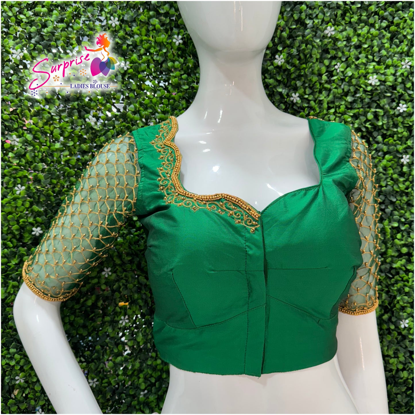 Designer handwork Ari work blouse Green color