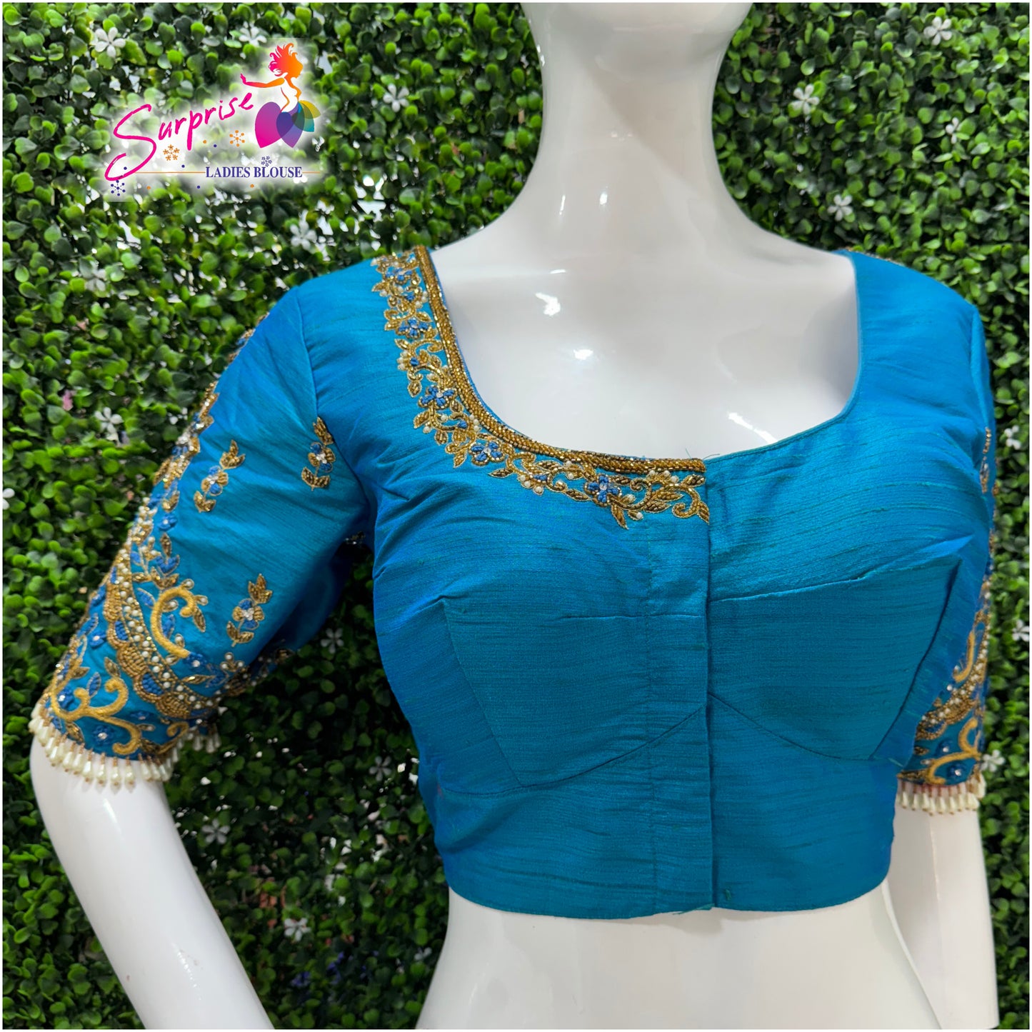 Designer handwork Ari work blouse Blue color