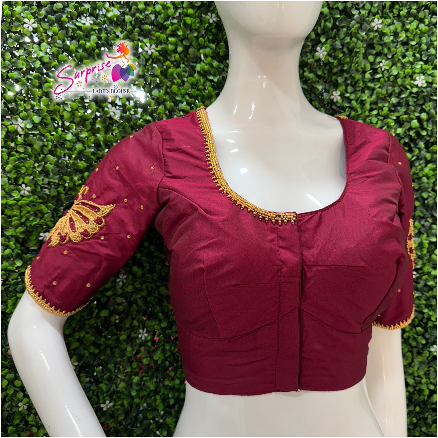 Designer handwork Ari work blouse maroon color