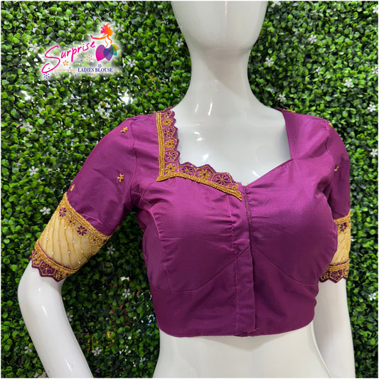Designer handwork Ari work blouse purple color