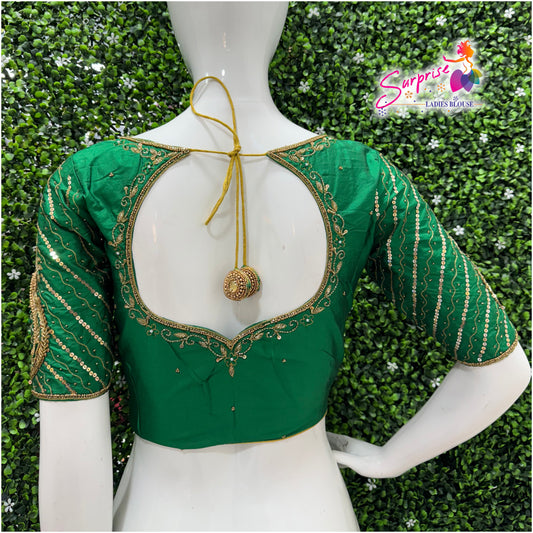 Designer handwork Ari work blouse Green color