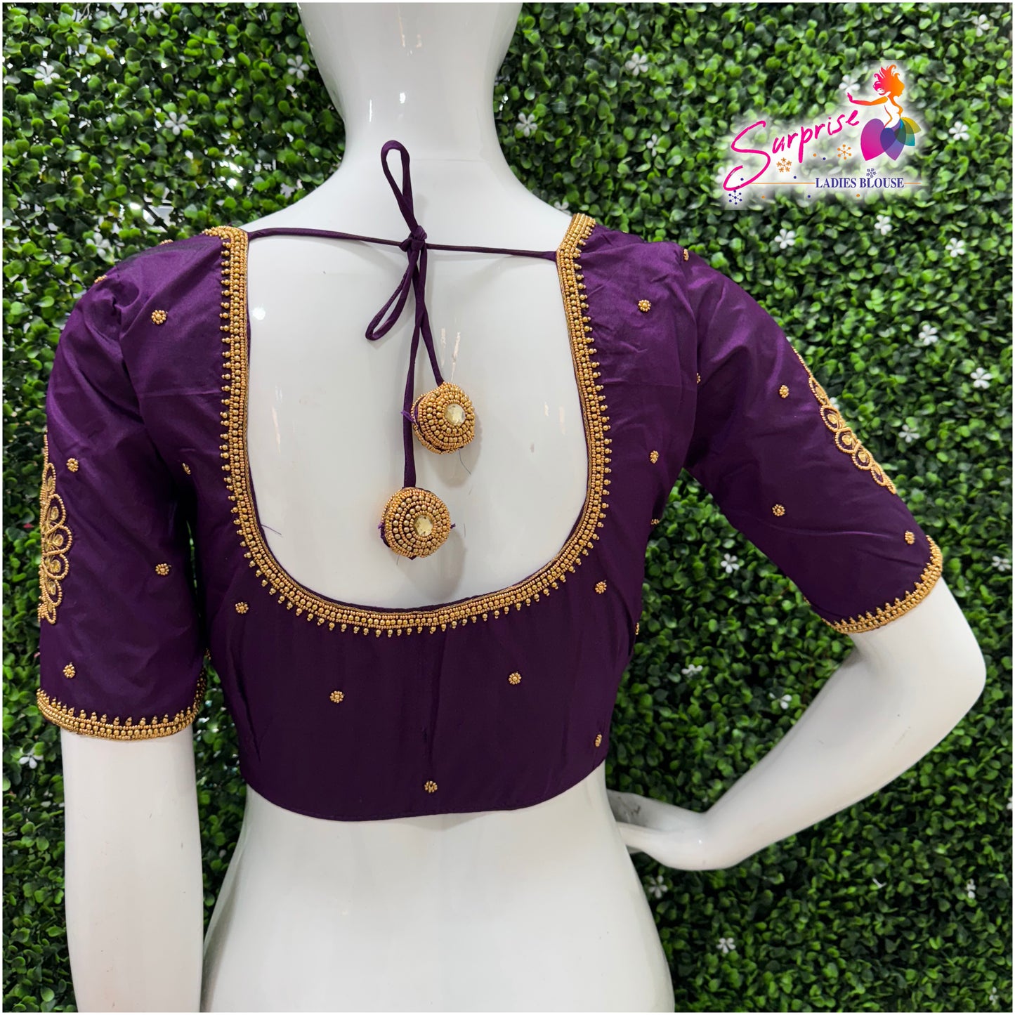 Designer handwork Ari work blouse purple color