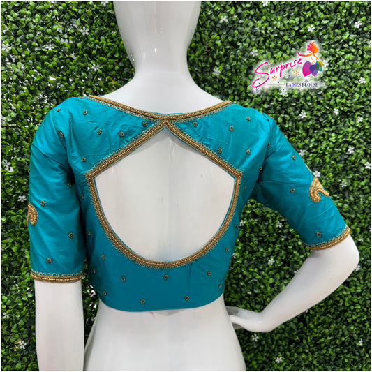 Designer handwork Ari work blouse Blue color