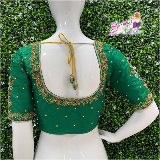 Designer handwork Ari work blouse Green color