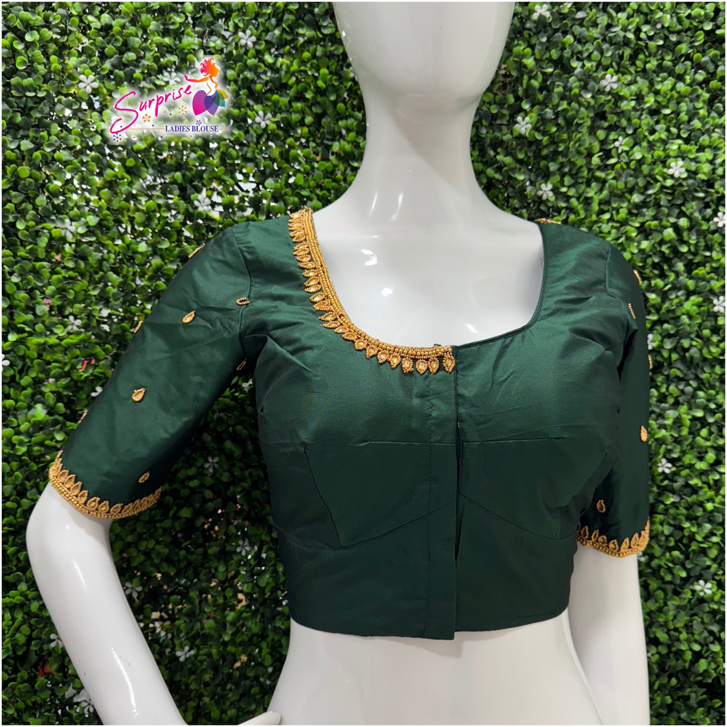 Designer handwork Ari work blouse Green color
