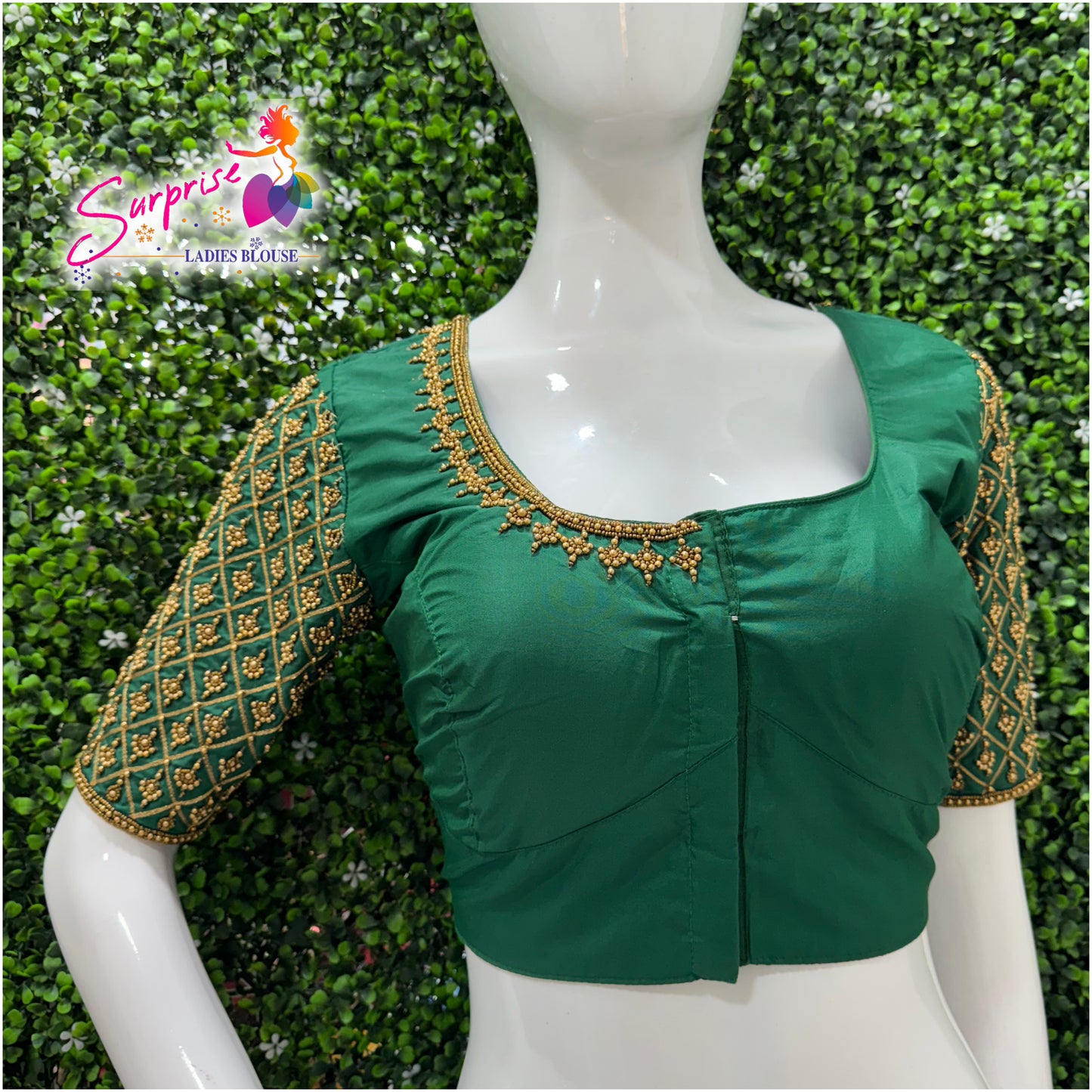 Designer handwork Ari work blouse Green color