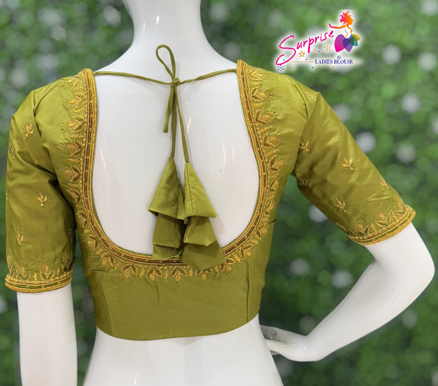 Madhubala Machine work designer Readymade blouse Mehndi Green