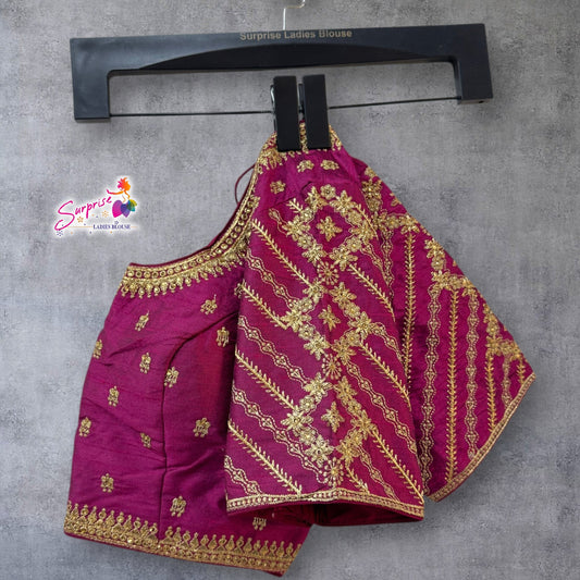SurpriseLadies blouse Madhubala designer readymade blouse in magenta with intricate gold machine embroidery work.