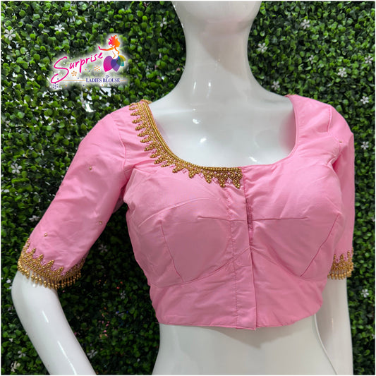 SurpriseLadies blouse baby pink designer handwork Ari work blouse with gold bead embellishments on neckline and sleeves