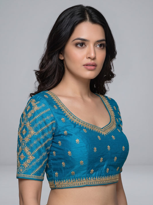 SurpriseLadies blouse Madhubala designer readymade blouse in teal blue with intricate gold machine embroidery