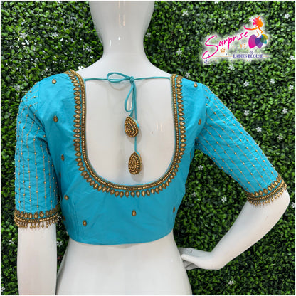 Designer handwork Ari work blouse Blue color