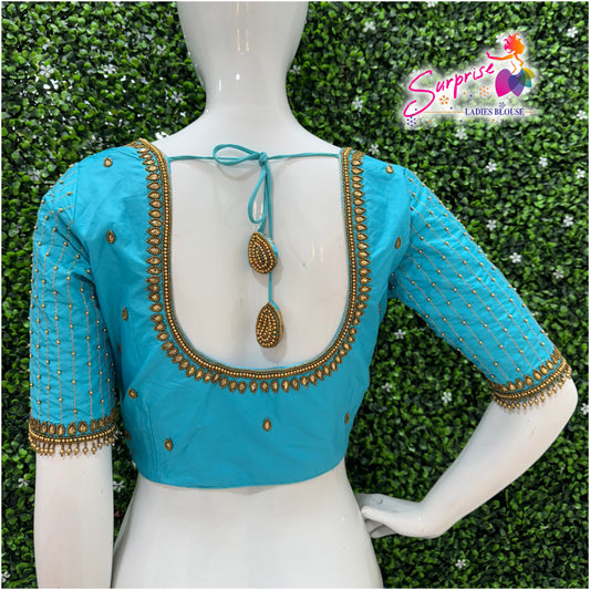 Designer handwork Ari work blouse Blue color