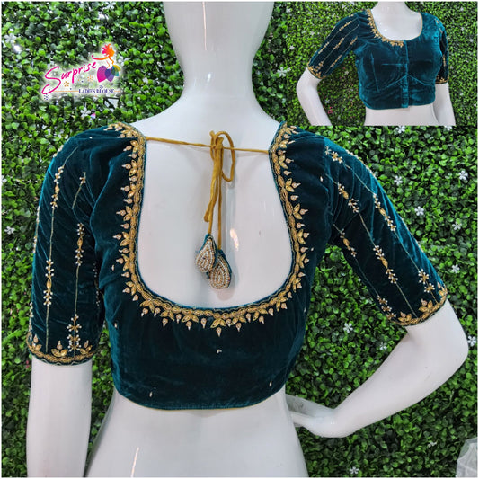 Velvet Handwork Blouse blue color