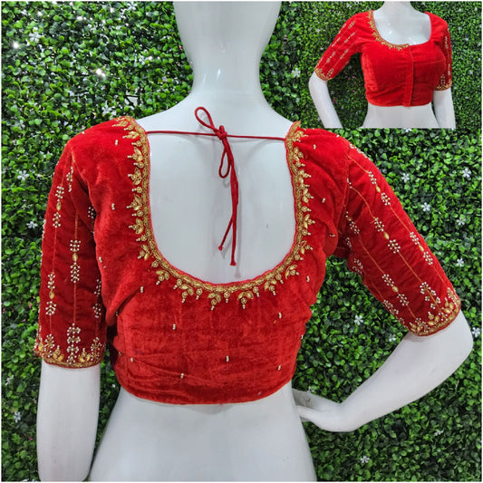 Velvet Handwork Blouse red color