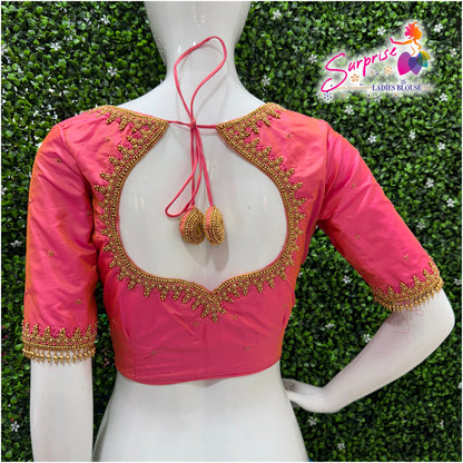 Designer handwork Ari work blouse Pink color