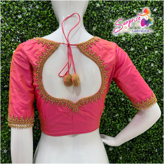 Designer handwork Ari work blouse Pink color