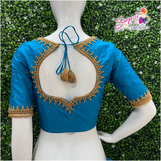 Designer handwork Ari work blouse Blue color
