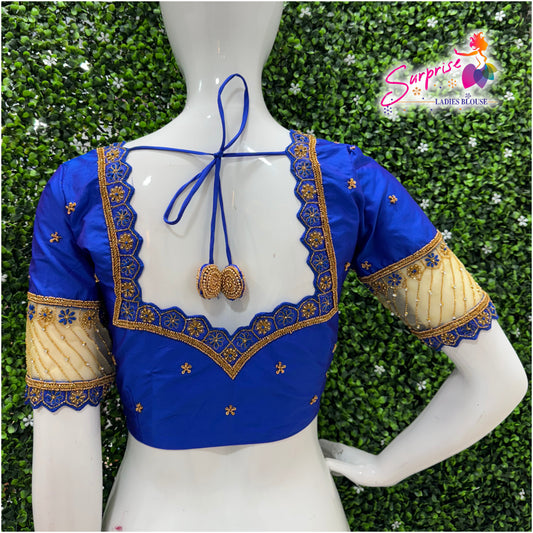 Designer handwork Ari work blouse blue color