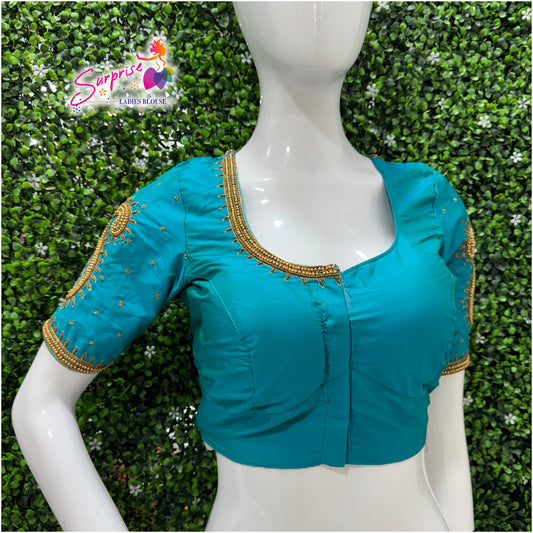 Designer handwork Ari work blouse Blue color