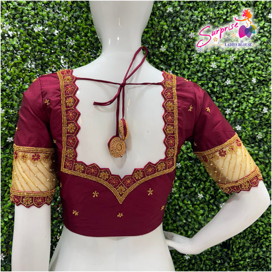 Designer handwork Ari work blouse maroon color