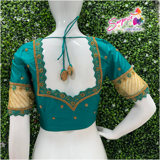 Designer handwork Ari work blouse green color