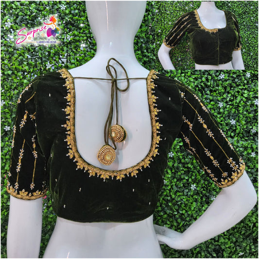 Velvet Handwork Blouse green color