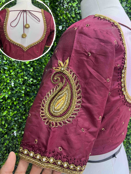 Handwork designer blouse Ari work  Maroon color maroon color
