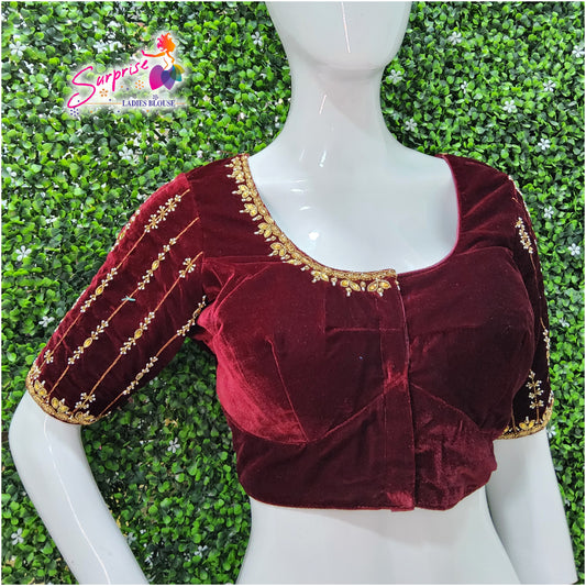 Velvet handwork designer Readymade blouse maroon color
