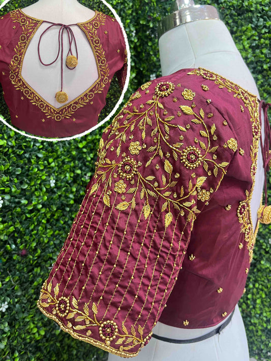Handwork designer blouse Ari work  Maroon color maroon color