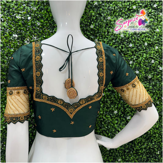 Designer handwork Ari work blouse Green color