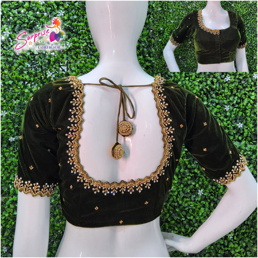 Velvet Handwork Blouse green color
