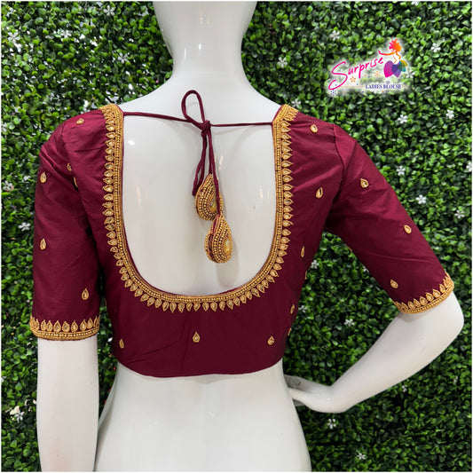 Designer handwork Ari work blouse maroon color