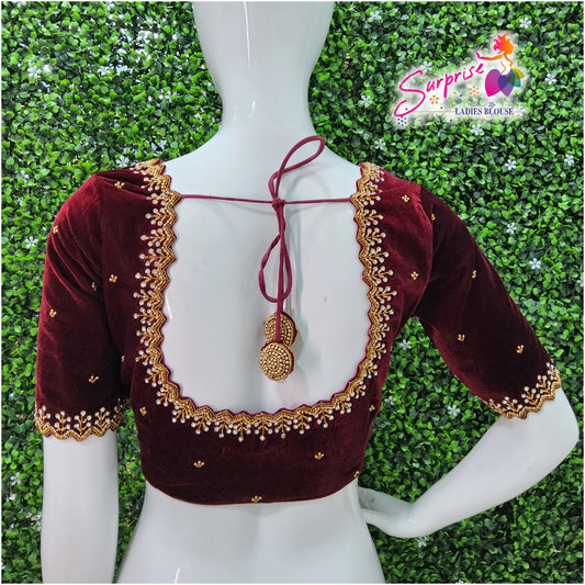 Velvet handwork designer Readymade blouse maroon color