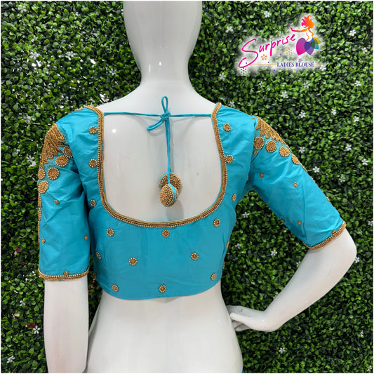 Designer handwork Ari work blouse Blue color