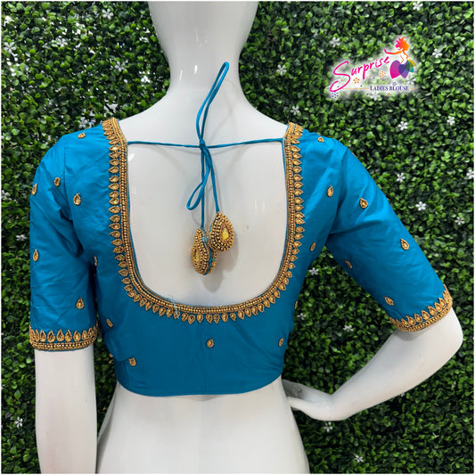 Designer handwork Ari work blouse blue color