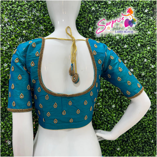 Designer handwork Ari work blouse Blue color