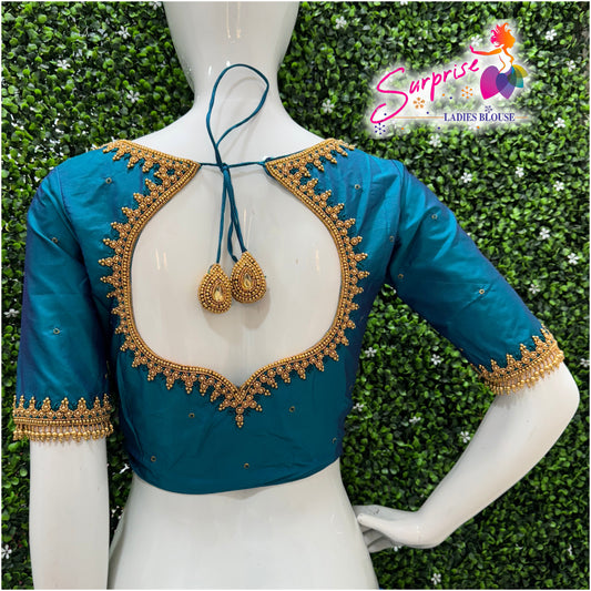Designer handwork Ari work blouse Blue color
