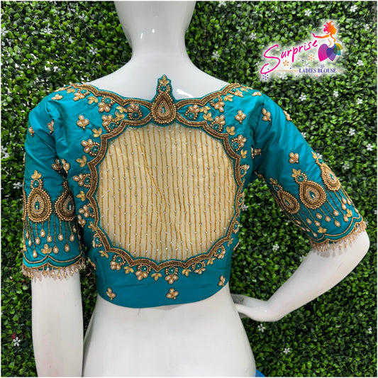 Designer handwork Ari work blouse Blue color