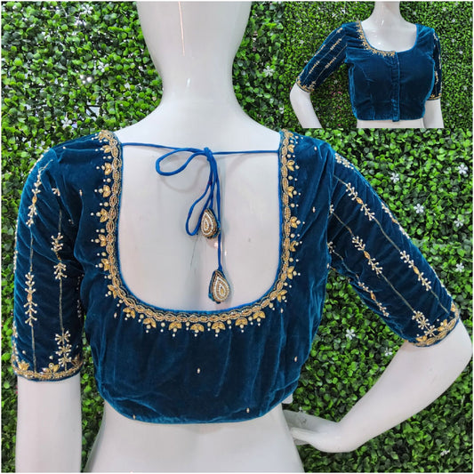 Velvet Handwork Blouse blue color