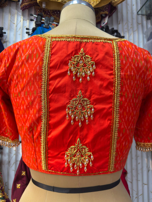 HANDWORK READY MADE POCHAMPALLY BLOUSE (ORANGE)