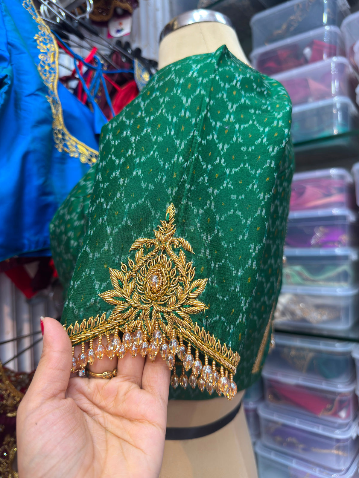 HANDWORK READY MADE POCHAMPALLY BLOUSE (GREEN)