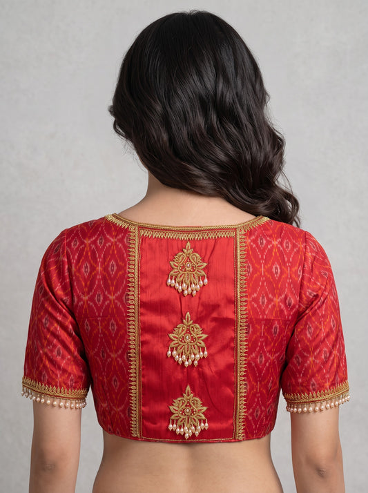 HANDWORK READY MADE POCHAMPALLY BLOUSE (RED)