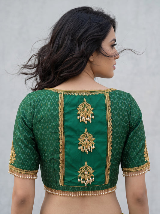 HANDWORK READY MADE POCHAMPALLY BLOUSE (GREEN)