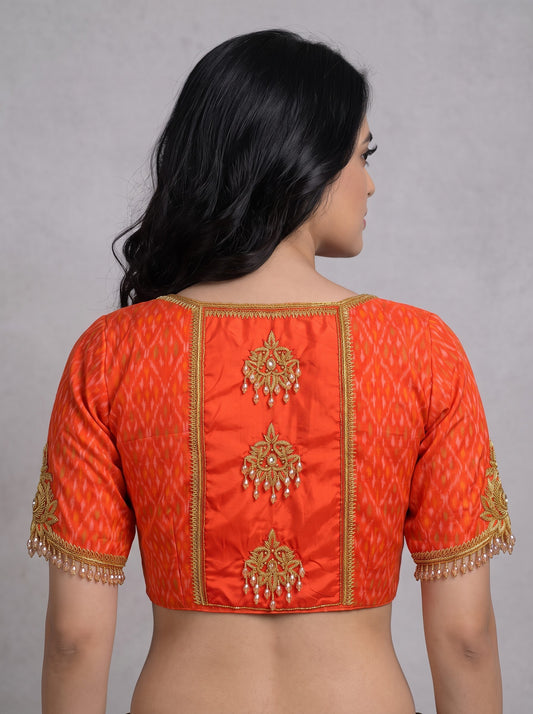 HANDWORK READY MADE POCHAMPALLY BLOUSE (ORANGE)