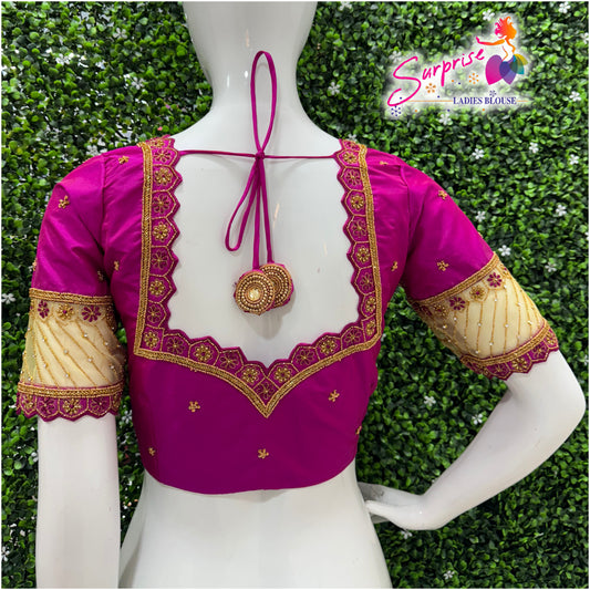 Designer handwork Ari work blouse Pink color