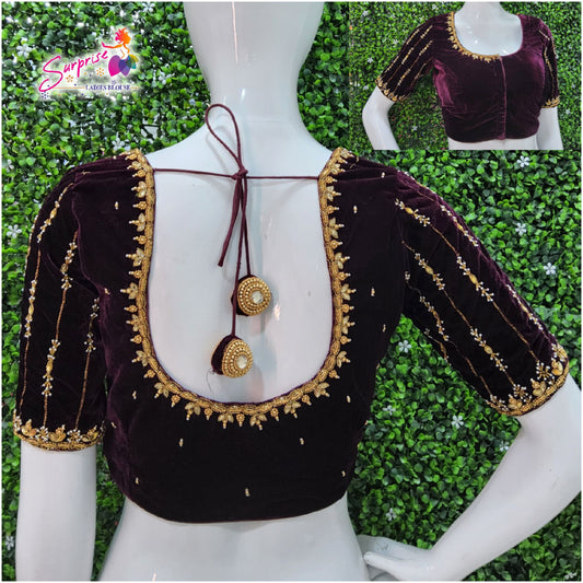 Velvet Handwork Blouse maroon color